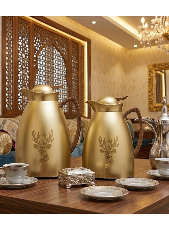 Saif Plus Stainless Steel Tea & Coffee 2 Pcs Thermos/Flasks Set. 1 Liter & 700ML- Gold Matte Wooden - Image 1