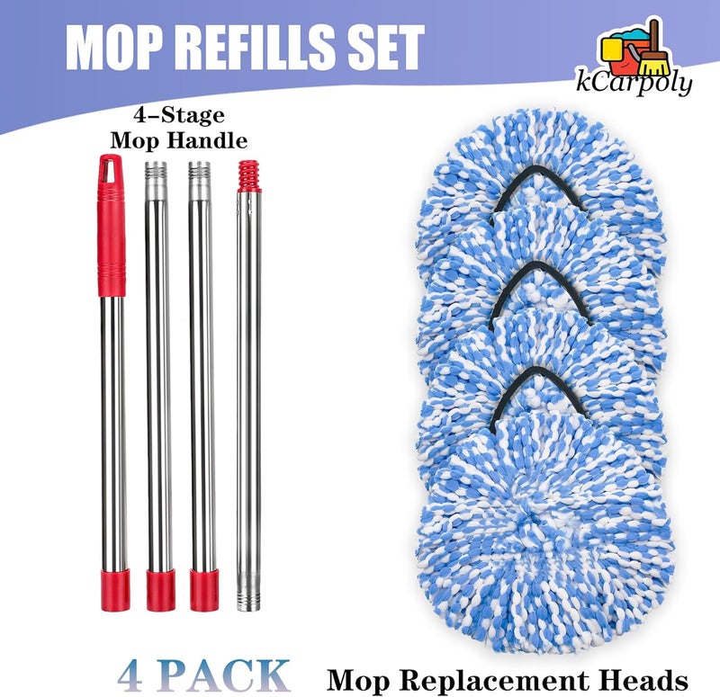 kCarpoly Mop Replace Heads, Compatible with O Ceda EasyWring Microfiber Spin Mop Refill-30-58in Mop HandleFit for O Ceda 2 Tank,4 Mop Heads +1 Mop Stick+1 Mop Base(2-Tank System) - Image 4
