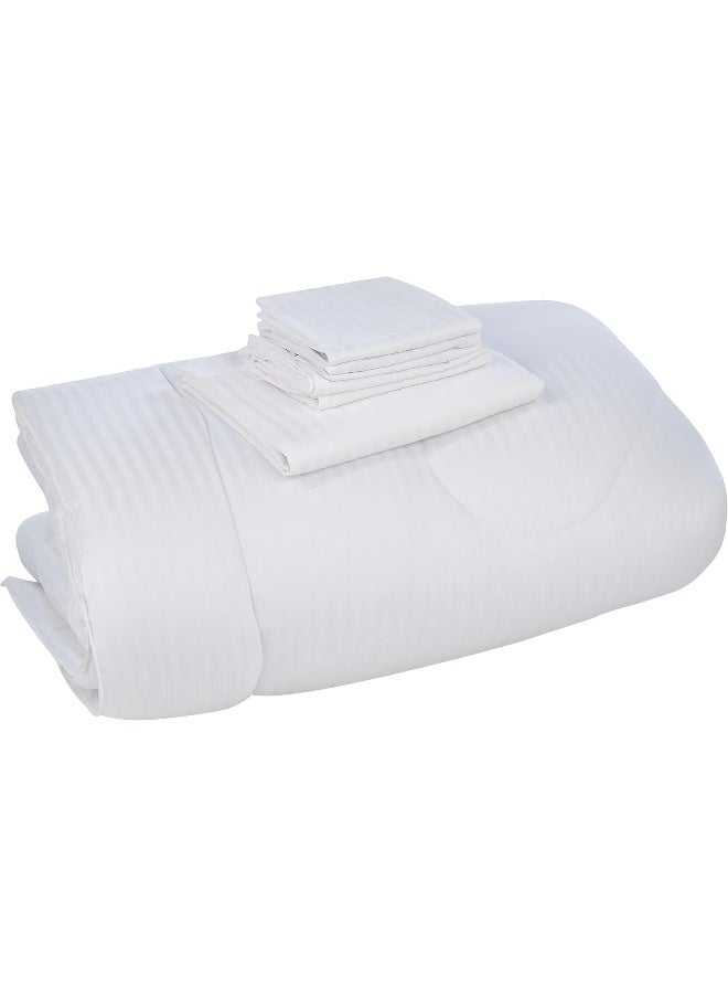 Hotel Linen Klub Hotel Linen Klub King Comforter Set - 7 Pieces, Luxurious 100% Cotton with 250 Thread Count Sateen, Stylish Classic Stripe Pattern, Soft Microfiber Filling, Size: 240 x 260 cm, White  - Image 1