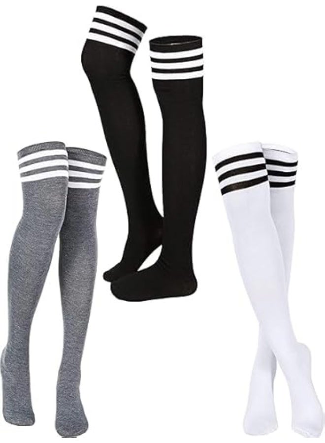 HZYH 3 Pair Striped Thigh High Socks, Over The Knee Long Stockings with Good Elasticity, for Women's Daily Wear, Cosplay, School and Parties - Image 1