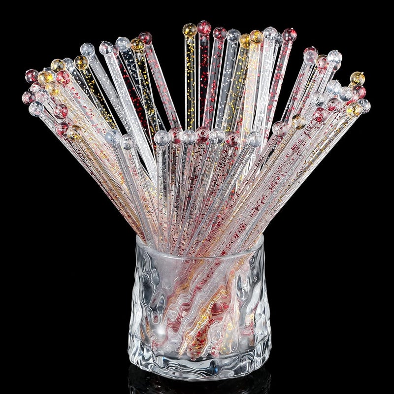 Meanplan 100 Pieces Disposable Plastic Round Top Crystal Swizzle Sticks Glitter Plastic Swizzle Sticks Cocktail Coffee Drink (Silver, Gold, Red) - Image 1