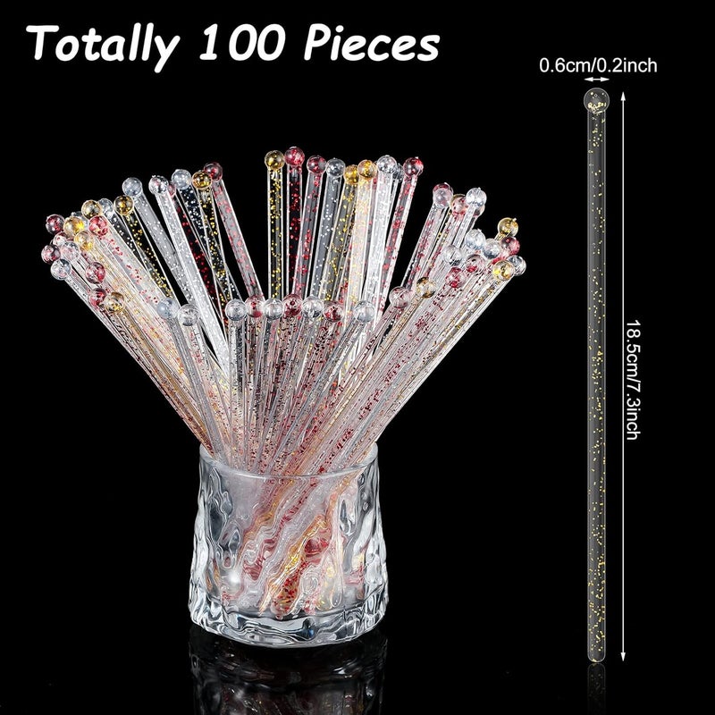 Meanplan 100 Pieces Disposable Plastic Round Top Crystal Swizzle Sticks Glitter Plastic Swizzle Sticks Cocktail Coffee Drink (Silver, Gold, Red) - Image 2