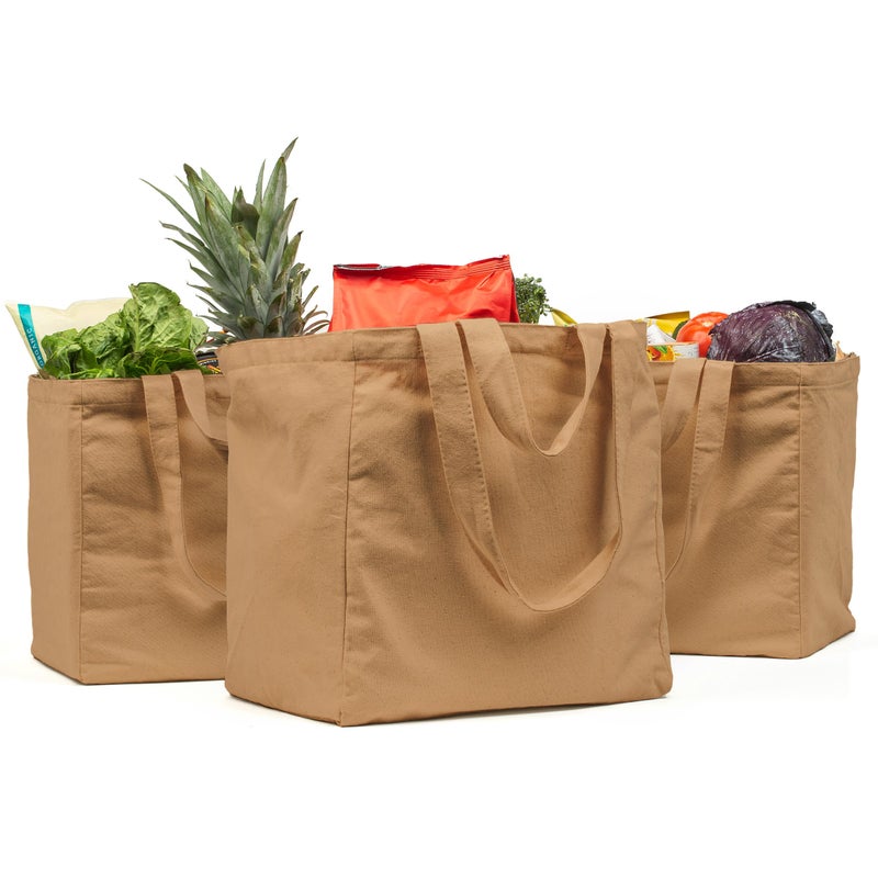 VeraMia Canvas Grocery Bag 3pc Jumbo Set with Real Pockets, Long Shoulder Strap and Short Handle. Reusable Shopping Bags for Groceries Heavy Duty, Foldable, Washable, Grocery Tote Bag (Light Brown) - Image 1