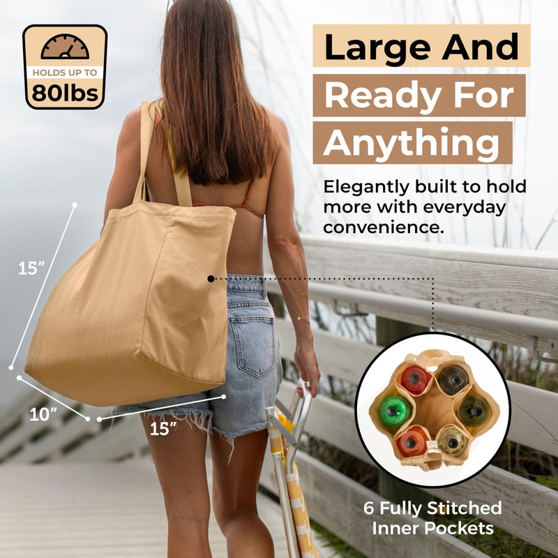 VeraMia Canvas Grocery Bag 3pc Jumbo Set with Real Pockets, Long Shoulder Strap and Short Handle. Reusable Shopping Bags for Groceries Heavy Duty, Foldable, Washable, Grocery Tote Bag (Light Brown) - Image 2