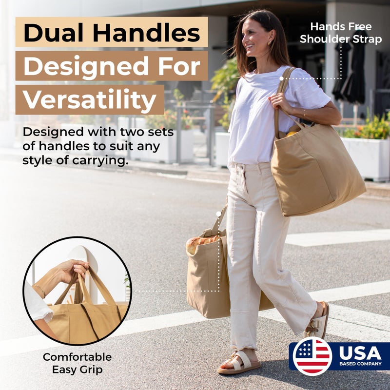 VeraMia Canvas Grocery Bag 3pc Jumbo Set with Real Pockets, Long Shoulder Strap and Short Handle. Reusable Shopping Bags for Groceries Heavy Duty, Foldable, Washable, Grocery Tote Bag (Light Brown) - Image 3