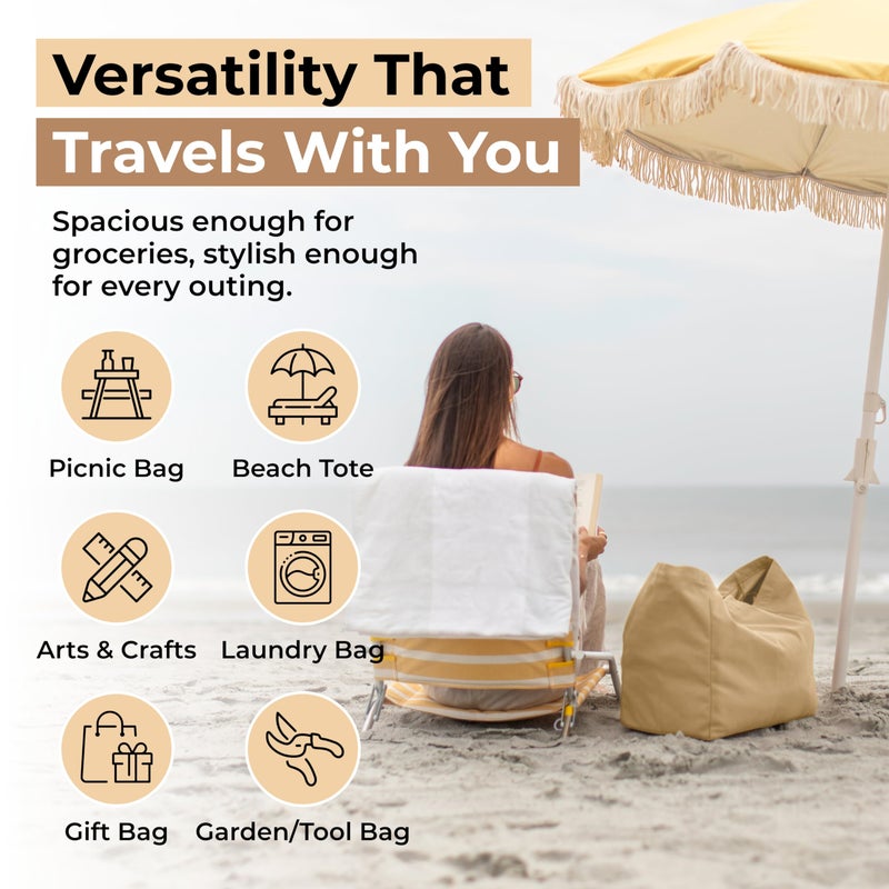 VeraMia Canvas Grocery Bag 3pc Jumbo Set with Real Pockets, Long Shoulder Strap and Short Handle. Reusable Shopping Bags for Groceries Heavy Duty, Foldable, Washable, Grocery Tote Bag (Light Brown) - Image 5