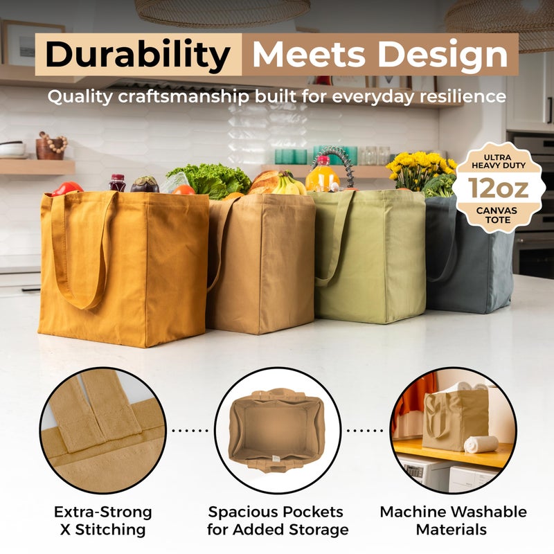 VeraMia Canvas Grocery Bag 3pc Jumbo Set with Real Pockets, Long Shoulder Strap and Short Handle. Reusable Shopping Bags for Groceries Heavy Duty, Foldable, Washable, Grocery Tote Bag (Light Brown) - Image 4