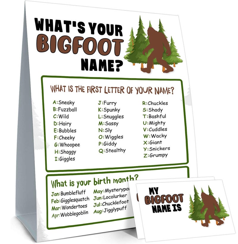 BirtDerr Bigfoot Birthday Party DecorationsBirthday Party GamesBigfoot Theme Birthday Party Sign for Boys GirlsKids Bigfoot Activity CardsBigfoot Activity Decoration SuppliesWhats your Bigfoot Name - Image 2