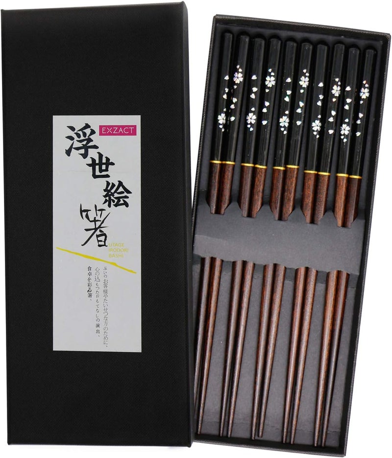 Exzact Chopsticks Gift Set Black Lacquer - 5 Pairs of Reusable Chopsticks in a Black Handmade Box - Japanese Style (EX-CS05-BLK) - Image 1
