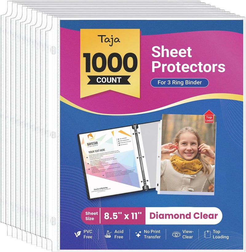 Taja Sheet Protectors for 3 Ring Binder, Non-Glare Page Protectors Top Loading, Plastic Sleeves for Paper Letter Size 8.5" x 11", Perfect for Office, Home & School Document Storage, 1000 Pack - Image 1