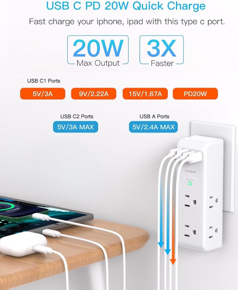 One Beat PD 20W Surge Protector Outlet Extender, Rotating Plug, 6 AC Multi Plug Outlet with 4 USB Ports (2 USB C), 1800J, 3-Sided Swivel Power Adapter with Spaced Outlet Splitter for Home Office Dorm - Image 2