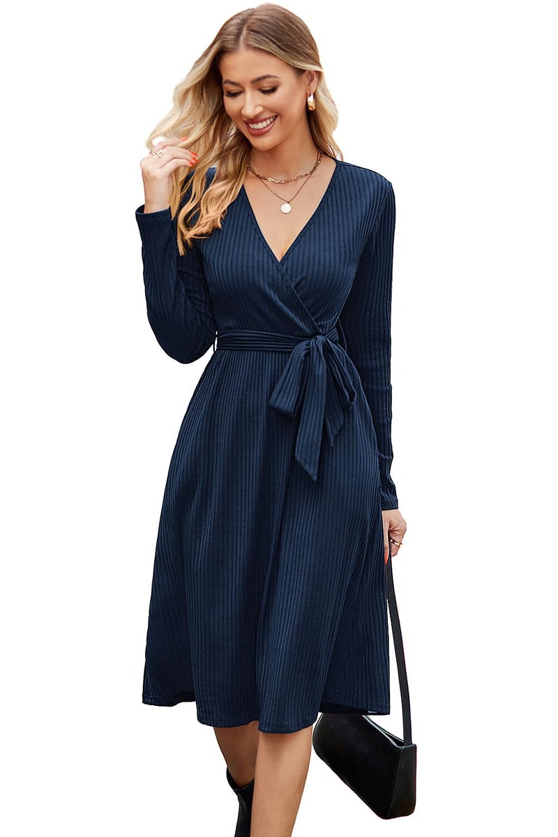 Newshows Womens 2025 Fall Dresses Teacher Church Business Casual Work Outfits Knit Midi Sweater Pockets Belt Dress(Navy Blue, L) - Image 1