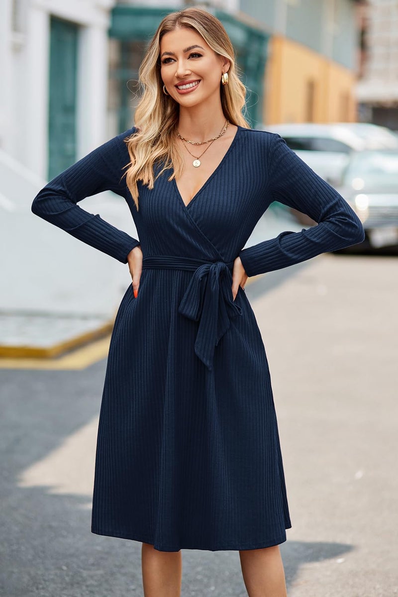 Newshows Womens 2025 Fall Dresses Teacher Church Business Casual Work Outfits Knit Midi Sweater Pockets Belt Dress(Navy Blue, L) - Image 2
