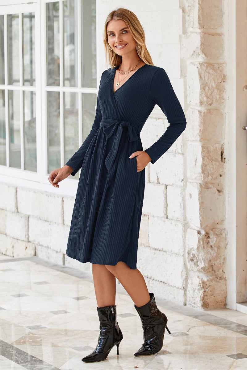 Newshows Womens 2025 Fall Dresses Teacher Church Business Casual Work Outfits Knit Midi Sweater Pockets Belt Dress(Navy Blue, L) - Image 4