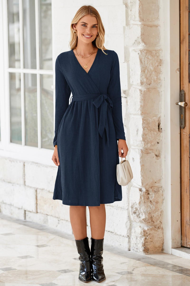 Newshows Womens 2025 Fall Dresses Teacher Church Business Casual Work Outfits Knit Midi Sweater Pockets Belt Dress(Navy Blue, L) - Image 3