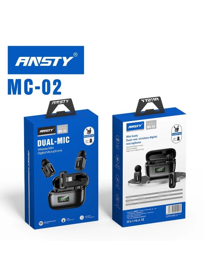 ANSTY MC-02 Wireless Mini Dual Microphone - Digital High-Fidelity Sound, USB-C & IP Adapter for Vlogging, Podcasts, and Interviews - Image 2