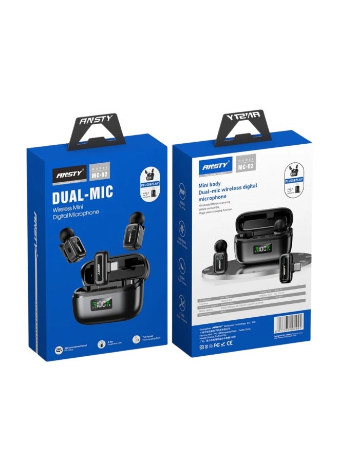 ANSTY MC-02 Wireless Mini Dual Microphone - Digital High-Fidelity Sound, USB-C & IP Adapter for Vlogging, Podcasts, and Interviews - Image 4