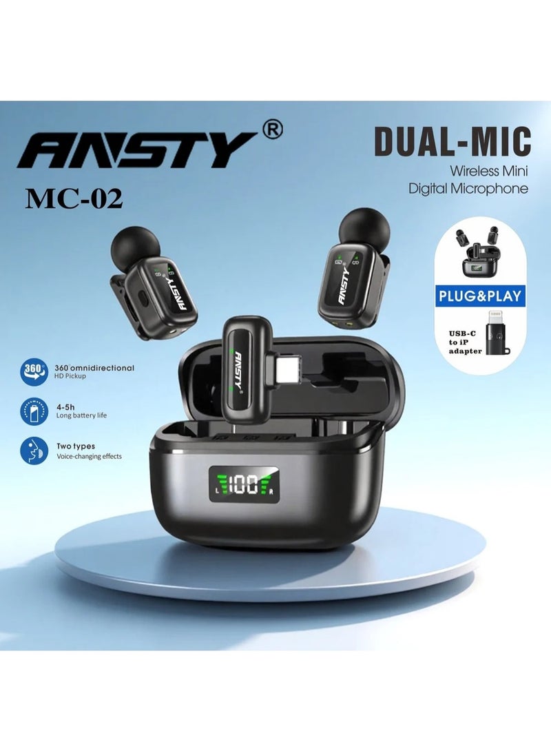 ANSTY MC-02 Wireless Mini Dual Microphone - Digital High-Fidelity Sound, USB-C & IP Adapter for Vlogging, Podcasts, and Interviews - Image 3
