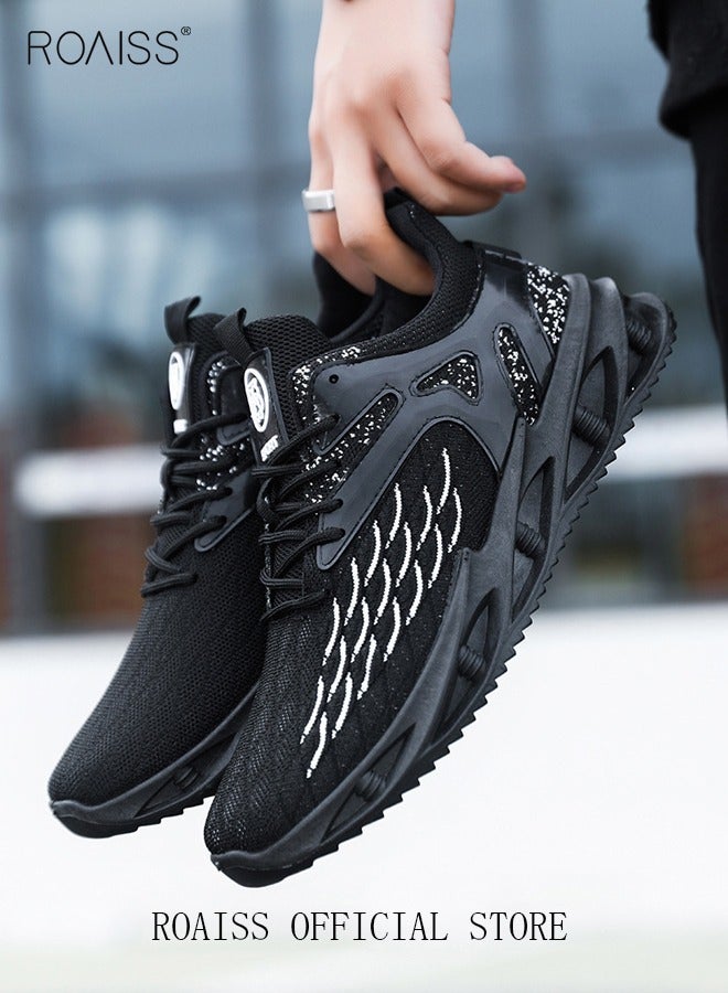 رويس حذاء رجالي كاجوال برباط وأصابع مستديرة وشبكي وخفيف الوزن ومضاد للانزلاق وأحذية رياضية مريحة تمتص الصدمات وأحذية رياضية منخفضة الساق وأحذية تدريب سوداء مناسبة للارتداء اليومي والأنشطة الخارجية - Image 4