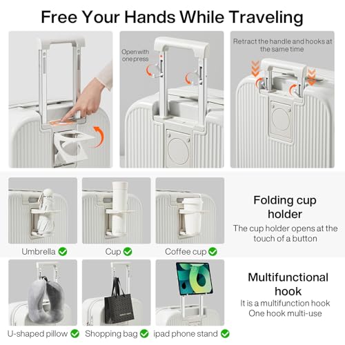mixi Carry On Luggage with Cup Phone Holder Hard Shell Rolling Travel Suitcase with Spinner Wheels,20 Inch Smoke White - Image 4