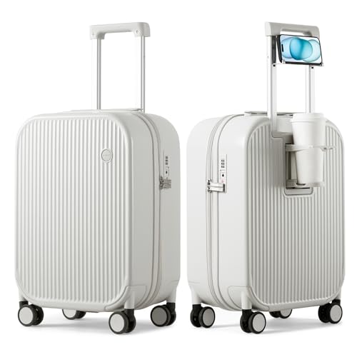 mixi Carry On Luggage with Cup Phone Holder Hard Shell Rolling Travel Suitcase with Spinner Wheels,20 Inch Smoke White - Image 1