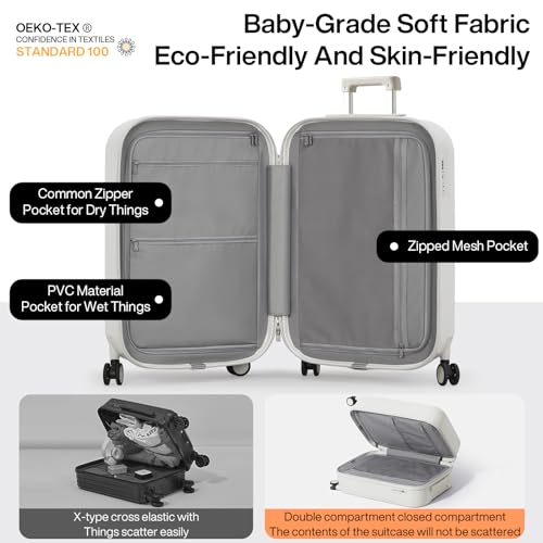 mixi Carry On Luggage with Cup Phone Holder Hard Shell Rolling Travel Suitcase with Spinner Wheels,20 Inch Smoke White - Image 3