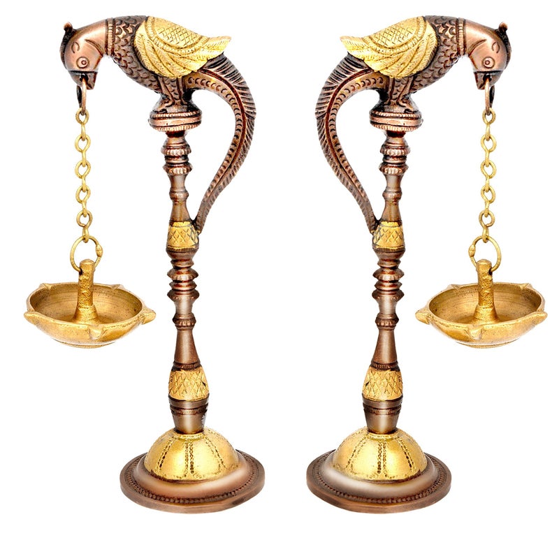 Idol Collections Dattatreya Brass Diya -Two Brass Bird Diya-Home Temple Diya 7.5 Inches Home Decor (Standard, Gold, Brown) - Image 1