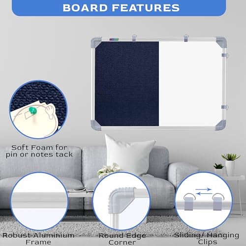 Eduway Combination Board 2X2 Feet (Non-Magnetic White Board with Blue Pin-up Notice Board) with Push Pins for Home, Office & School, Heavy-Duty Aluminium Frame (White, Blue) (59x59 cm), - Image 3
