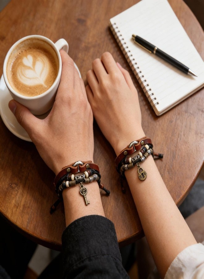 Feihuaer Couple Bracelets Matching Set - Key and Lock Design Adjustable Braided Cord Bracelet Boho Style Wristband for Two People - Image 5