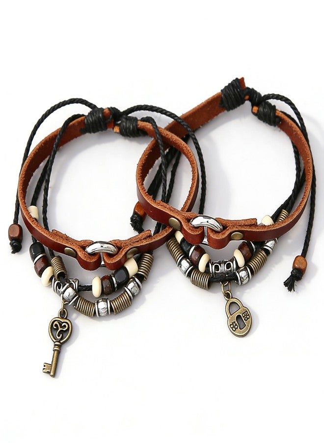 Feihuaer Couple Bracelets Matching Set - Key and Lock Design Adjustable Braided Cord Bracelet Boho Style Wristband for Two People - Image 1