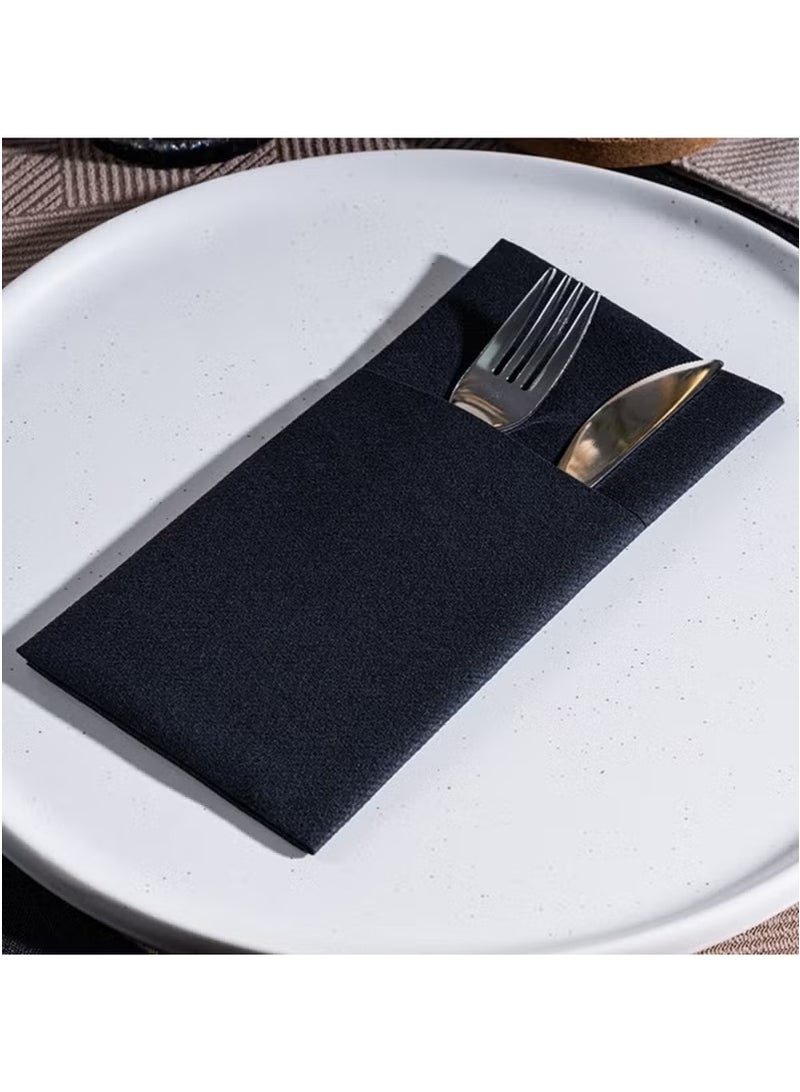 Disposable Knife and Fork Bag Restaurant Napkins (Black 25 Pack)  - Image 2