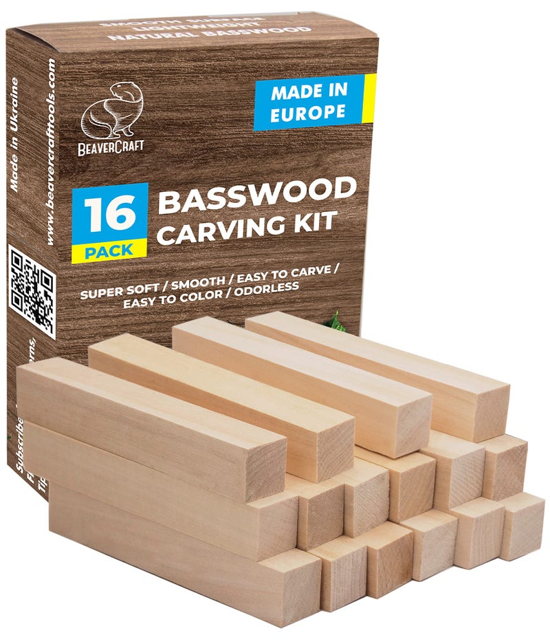 BeaverCraft Basswood Carving Blocks BW16 pcs  Soft Whittling Wood Carving Kit for Beginners  Unfinished Wooden Block Set  Basswood for Crafts