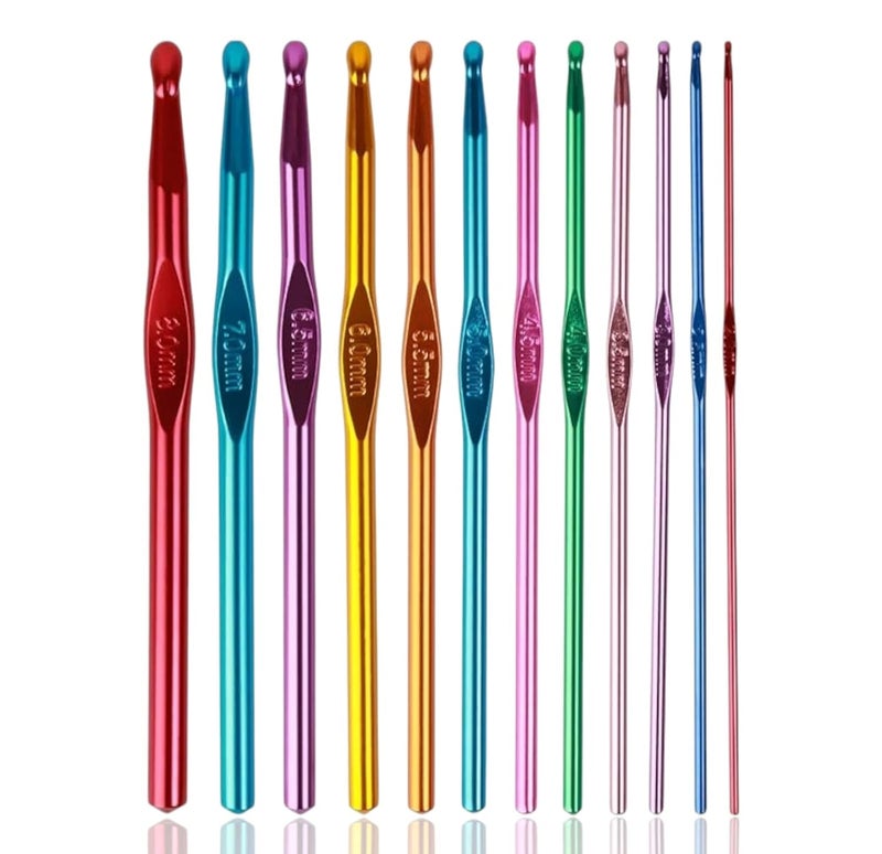 RIANZ Pack of 12 Aluminum Crochet Hooks Knit Weave Craft Yarn Sweater Woolen Clothes Metal Crochet Hook Multicoloured 2mm to 12mm Craft Crochet Knitting Needles Multicolor 12 pcs - Image 1