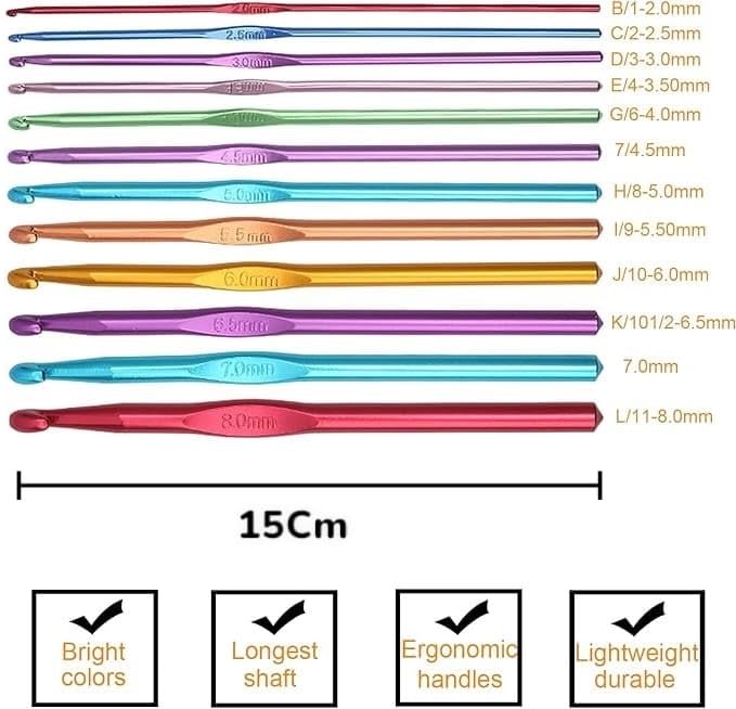 RIANZ Pack of 12 Aluminum Crochet Hooks Knit Weave Craft Yarn Sweater Woolen Clothes Metal Crochet Hook Multicoloured 2mm to 12mm Craft Crochet Knitting Needles Multicolor 12 pcs - Image 2