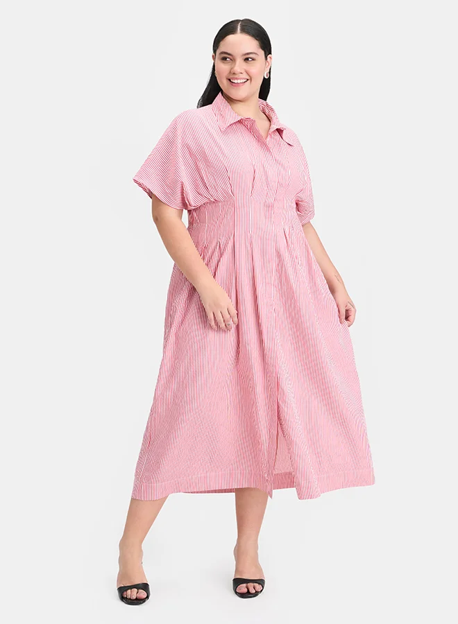 فيرجيو VIRGIO 100% Cotton Pleated Button Shirt Dress