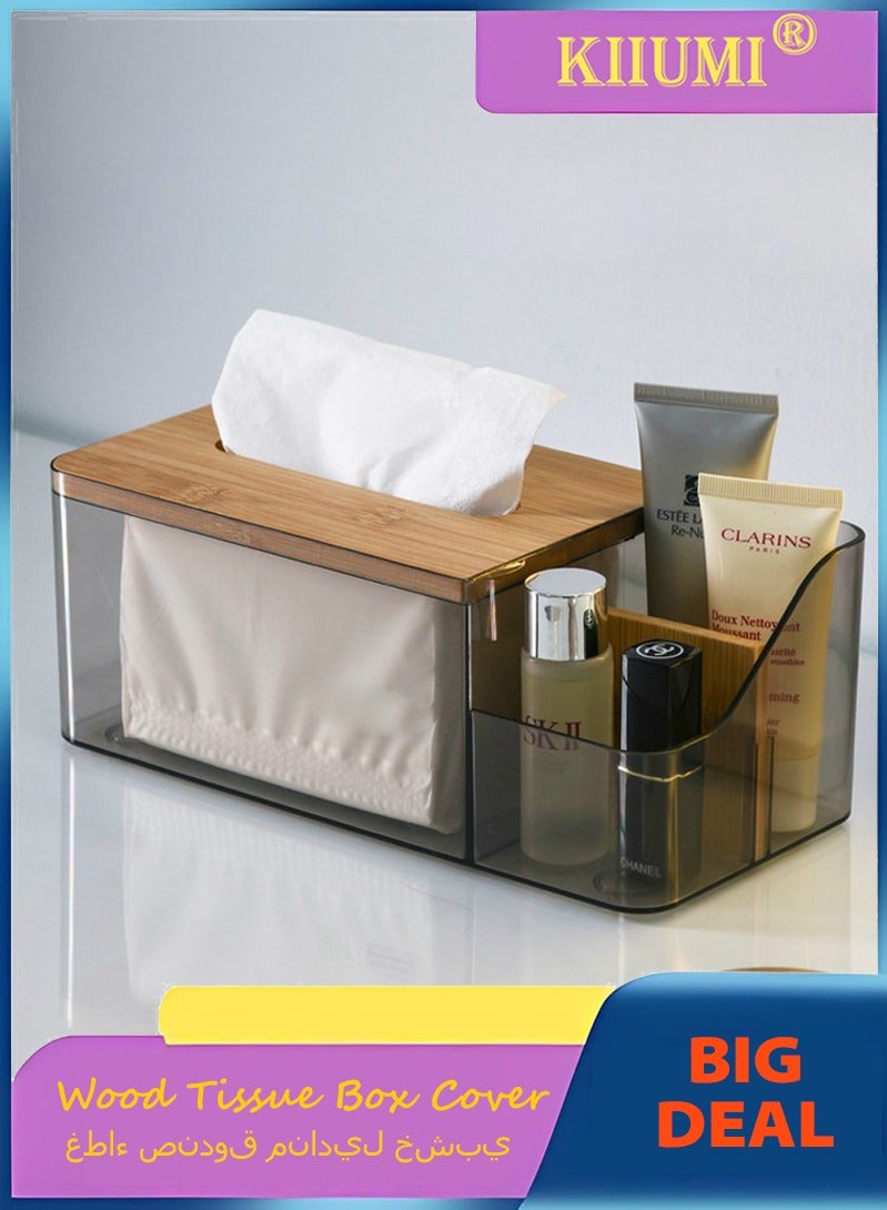 KIIUMI Wood Tissue Box Cover for Disposable Paper Facial Tissues, Wooden Rectangular Tissue Box Holder for Storage on Bathroom Vanity, Countertop, Bedroom Dresser, Night Stand, Desk(Brown) - Image 1