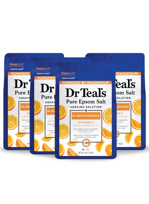 Dr Teal's Epsom Salt Magnesium Soak, Glow & Radiance with Vitamin C & Citrus Essential Oils, 3 lbs (Pack of 4)
