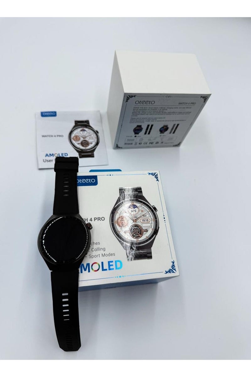 Oteeto The Oteeto Watch 4 Pro Smartwatch is a sophisticated and feature-rich wearable designed for users who demand style, functionality, and durability. It boasts a 1.53-inch AMOLED display, delivering bright and sharp visuals with smooth touch responsiveness, ensuring effortless navigation through notifications, apps, and fitness tracking features. With Bluetooth smart calling, you can make and receive calls directly from your wrist, keeping you connected without needing to reach for your phone. The watch also comes with comprehensive health monitoring features, including heart rate tracking, sleep analysis, and activity tracking, making it an ideal companion for a healthier lifestyle. - Image 1