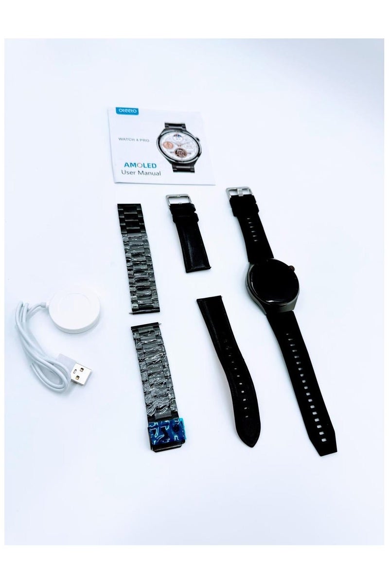 Oteeto The Oteeto Watch 4 Pro Smartwatch is a sophisticated and feature-rich wearable designed for users who demand style, functionality, and durability. It boasts a 1.53-inch AMOLED display, delivering bright and sharp visuals with smooth touch responsiveness, ensuring effortless navigation through notifications, apps, and fitness tracking features. With Bluetooth smart calling, you can make and receive calls directly from your wrist, keeping you connected without needing to reach for your phone. The watch also comes with comprehensive health monitoring features, including heart rate tracking, sleep analysis, and activity tracking, making it an ideal companion for a healthier lifestyle. - Image 4