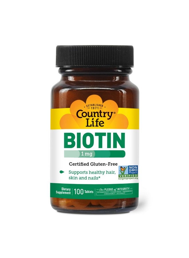 Country Life Biotin 1mg Supports Healthy Hair, Skin & Nails, 100 Tablets, Certified Gluten Free, Certified Vegan, Certified Halal, Non-GMO Verified - Image 1