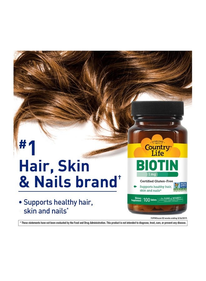 Country Life Biotin 1mg Supports Healthy Hair, Skin & Nails, 100 Tablets, Certified Gluten Free, Certified Vegan, Certified Halal, Non-GMO Verified - Image 2