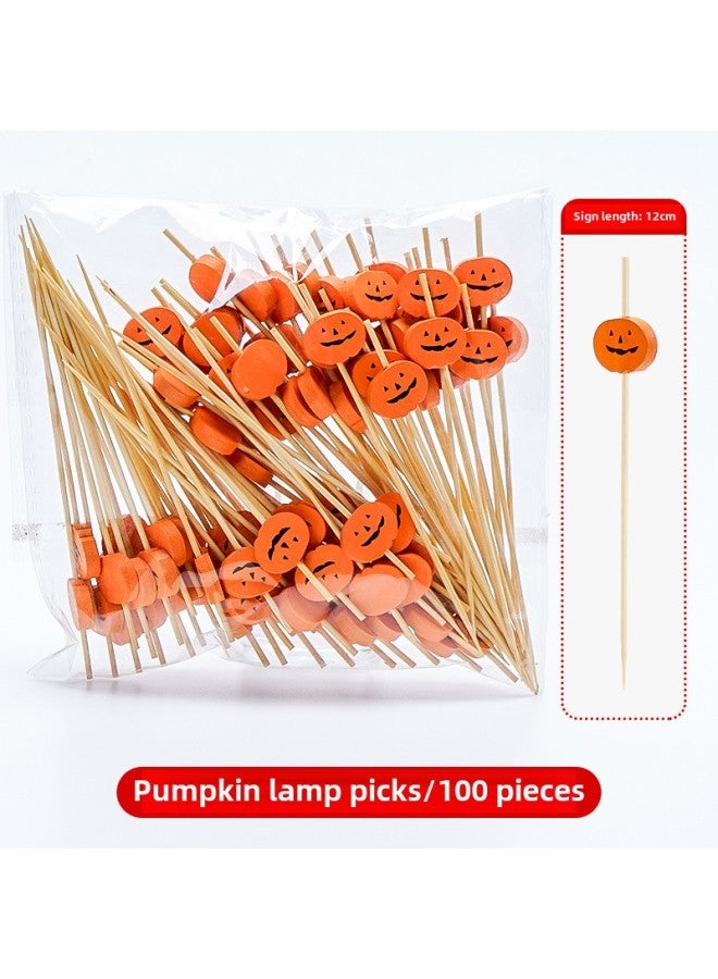 Fruit Stick Bamboo Stick Disposable Creative Flower Stick Sugar Gourd String Stick Hamburger Sushi Cocktail Decorative Toothpick Fruit Fork-Specifications:Pumpkin Lamp/12cm/100 Pieces - Image 1