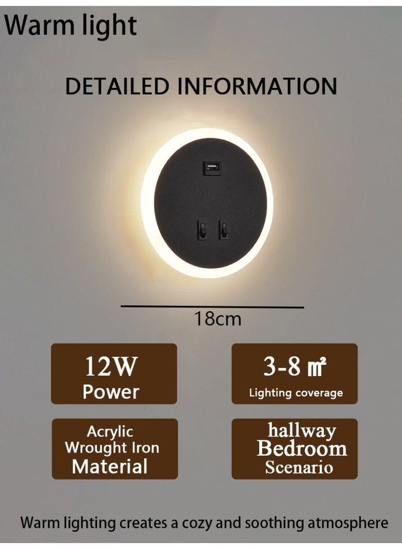 Round Halo Wall Lamp with USB Port and Dual Switch—Warm-Toned Bedroom Bedside Wall Lamp - Image 2