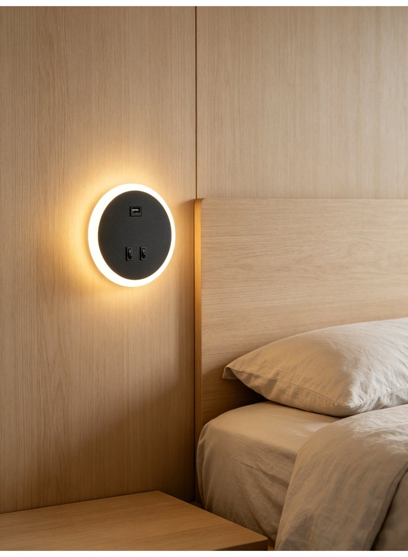 Round Halo Wall Lamp with USB Port and Dual Switch—Warm-Toned Bedroom Bedside Wall Lamp - Image 5