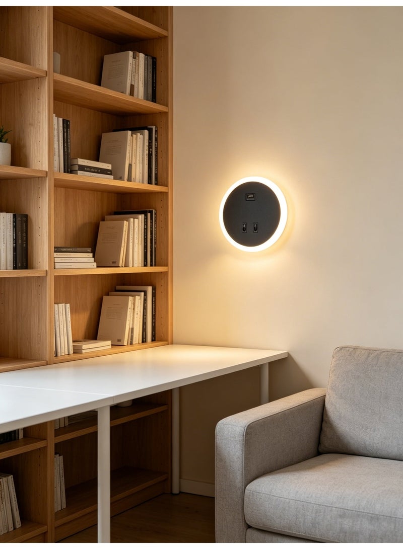 Round Halo Wall Lamp with USB Port and Dual Switch—Warm-Toned Bedroom Bedside Wall Lamp - Image 4