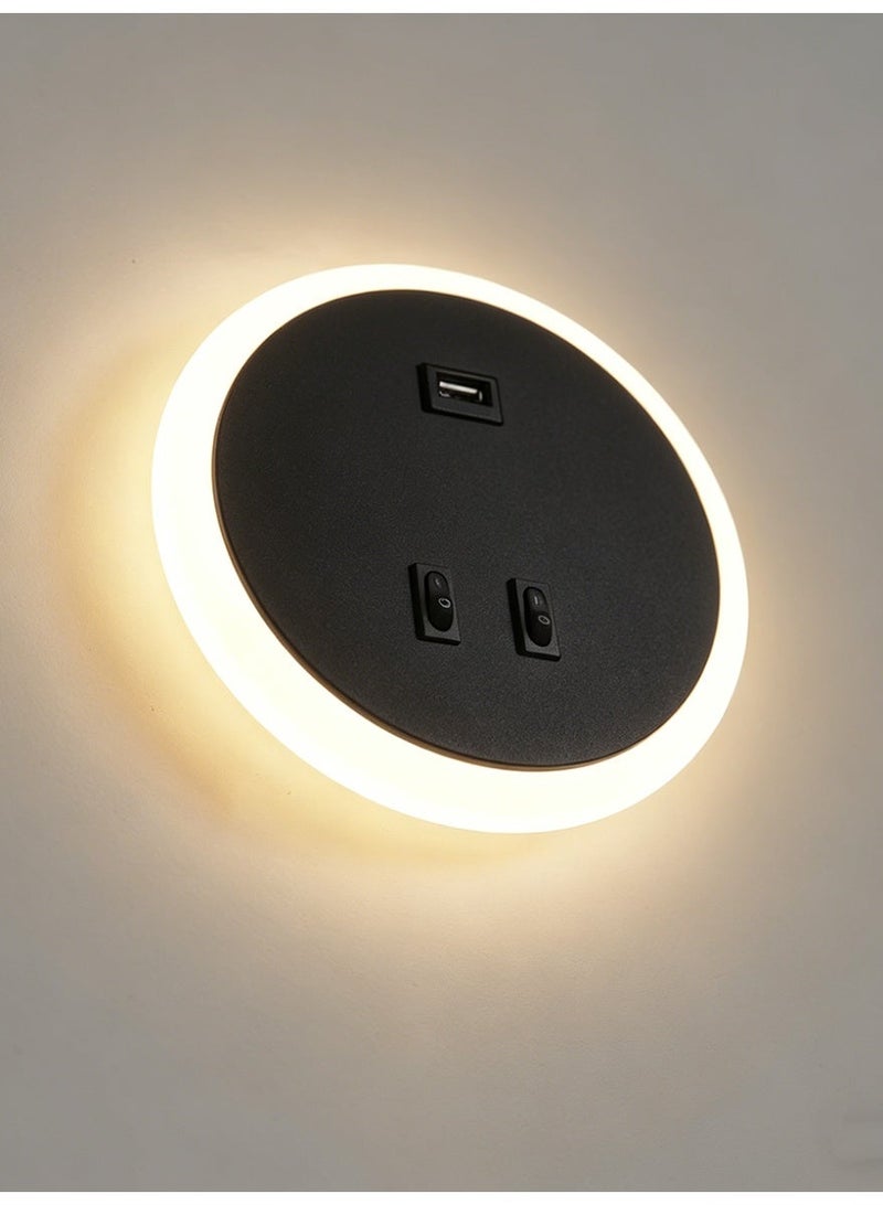 Round Halo Wall Lamp with USB Port and Dual Switch—Warm-Toned Bedroom Bedside Wall Lamp - Image 3
