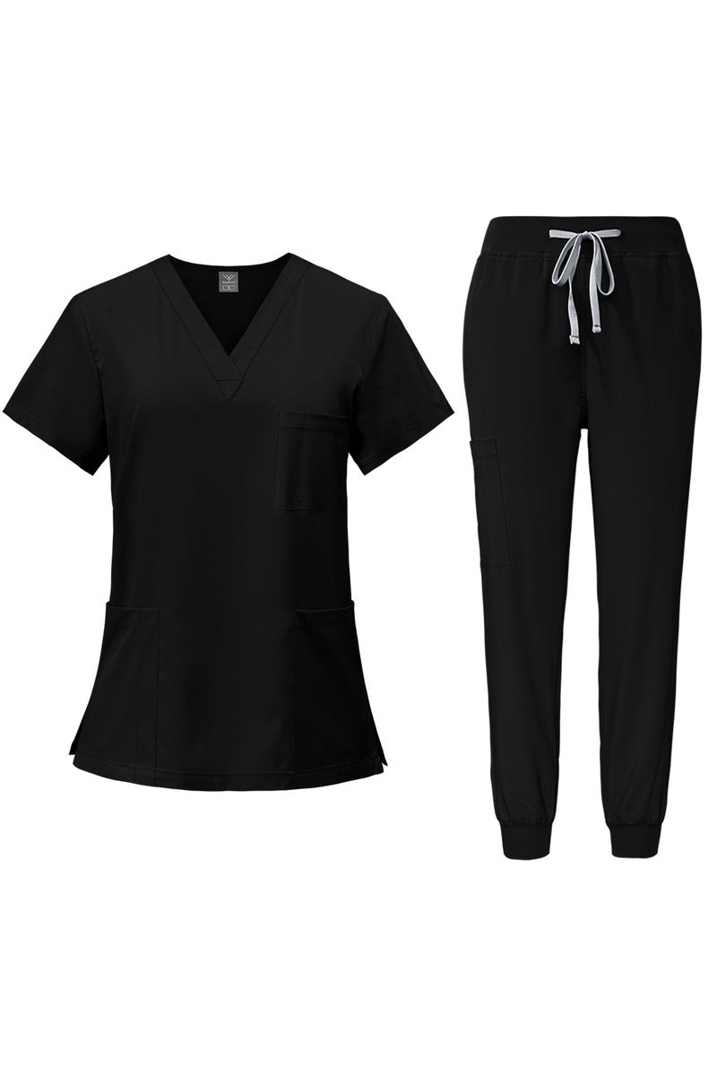 NiaaHinn Men Women's Medical Scrubs Set V-neck Top & Tapered Leg Jogger Pants with Drawstring Medical Nurse Uniform for Hospital Scrub Suit Uniforms for Summer (Black) - Image 1