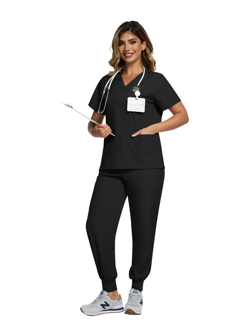 NiaaHinn Men Women's Medical Scrubs Set V-neck Top & Tapered Leg Jogger Pants with Drawstring Medical Nurse Uniform for Hospital Scrub Suit Uniforms for Summer (Black) - Image 4