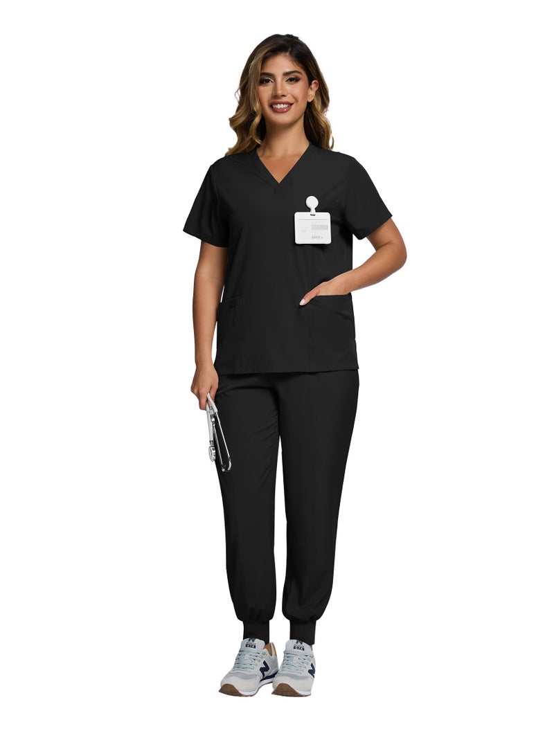 NiaaHinn Men Women's Medical Scrubs Set V-neck Top & Tapered Leg Jogger Pants with Drawstring Medical Nurse Uniform for Hospital Scrub Suit Uniforms for Summer (Black) - Image 5