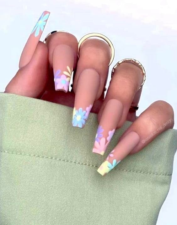 XVIA Acrylic Long Rainbow Glossy Press on NailsArtificial Fake False Press On Nails Matte Almond Shape Light Orange And Skin Colour Design 12 Pcs 1 Box Multi Colour Design4 PACK - Image 4